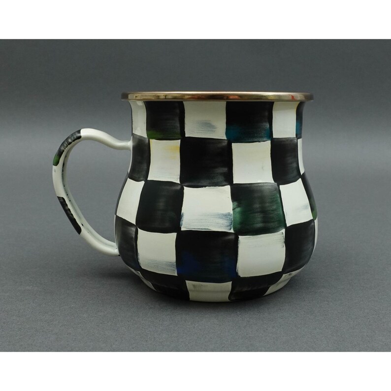 MacKenzie Childs Courtly Check Black White Enamel Mug Cup image 3