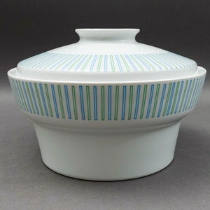 May include: White ceramic serving bowl with a lid. The bowl and lid have a blue and green striped pattern.