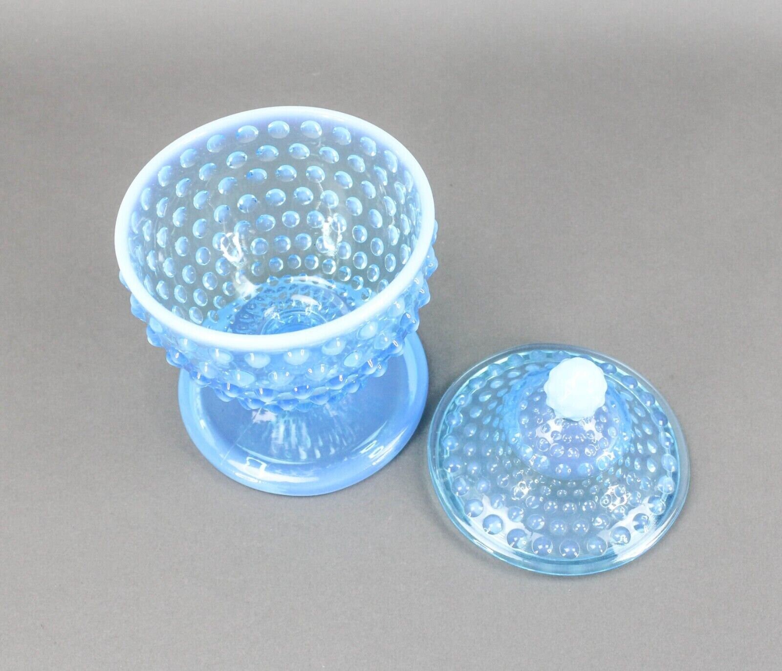 Fenton Blue Opalescent Hobnail Footed Covered Candy Dish Jar With Lid 7 ...