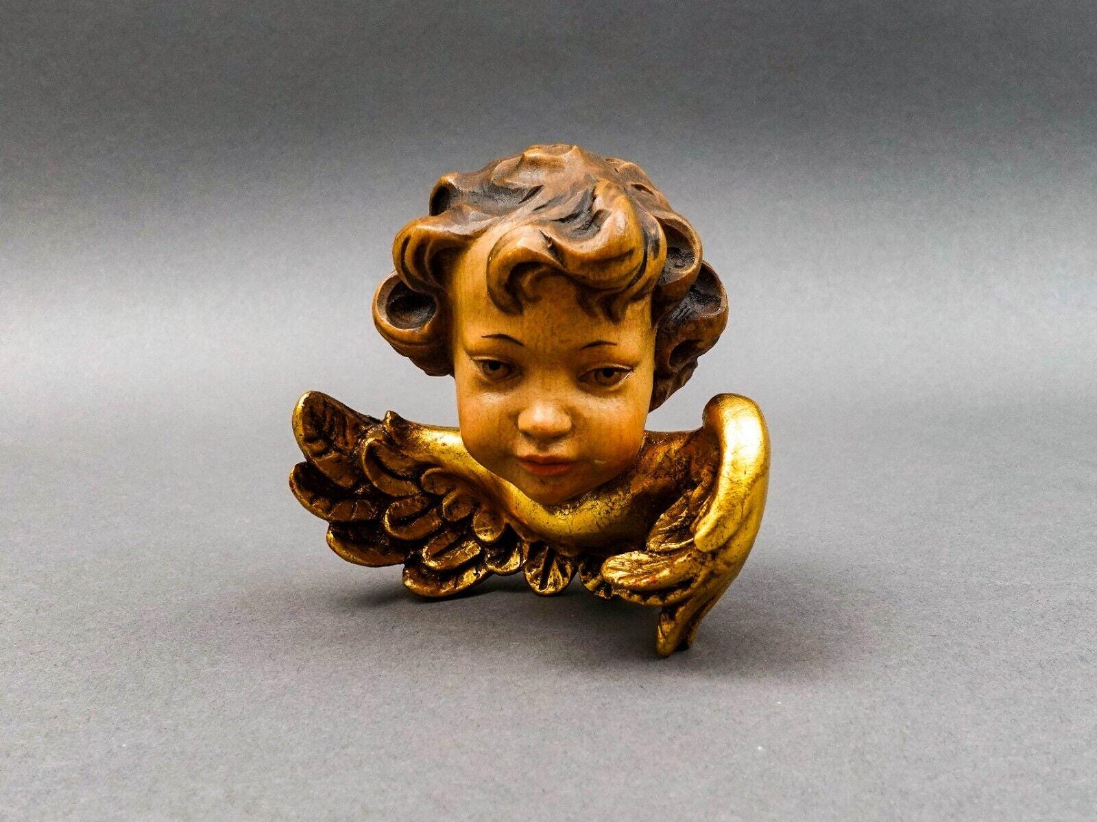 【L様ご確認】アンリ人形 ANRI 10㎝　　　【Holiday Cheer】 Anri Italy Vintage Hand Carved Wood Cherub Angel Putti Head