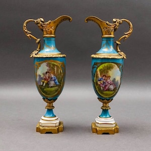 Sevres Style Antique Gold Gilt Bronze Mounted Turquoise Porcelain Ewer Jug Pair