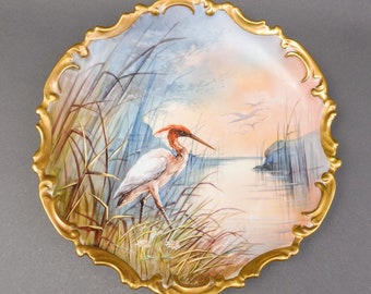 Antique Signed Hand Painted Porcelain Heron Bird 13 1/4" Wall Charger Plate