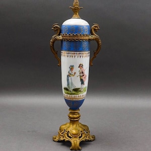 Sevres Style Antique French Hand Painted Porcelain Bronze Ormolu Mounts Urn Vase