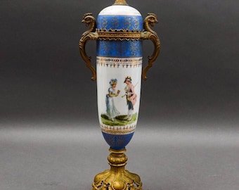 Sevres Style Antique French Hand Painted Porcelain Bronze Ormolu Mounts Urn Vase