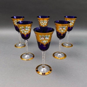 Tre Fuochi Venetian Murano Glass Cobalt Blue 24K Gold Wine Glasses Set Of 6
