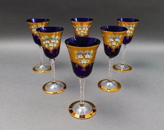 Tre Fuochi Venetian Murano Glass Cobalt Blue 24K Gold Wine Glasses Set Of 6