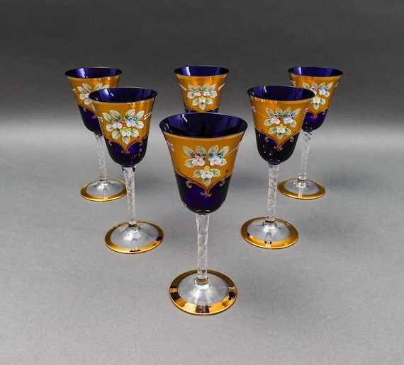Tre Fuochi Venetian Murano Glass Cobalt Blue 24K Gold Wine Glasses