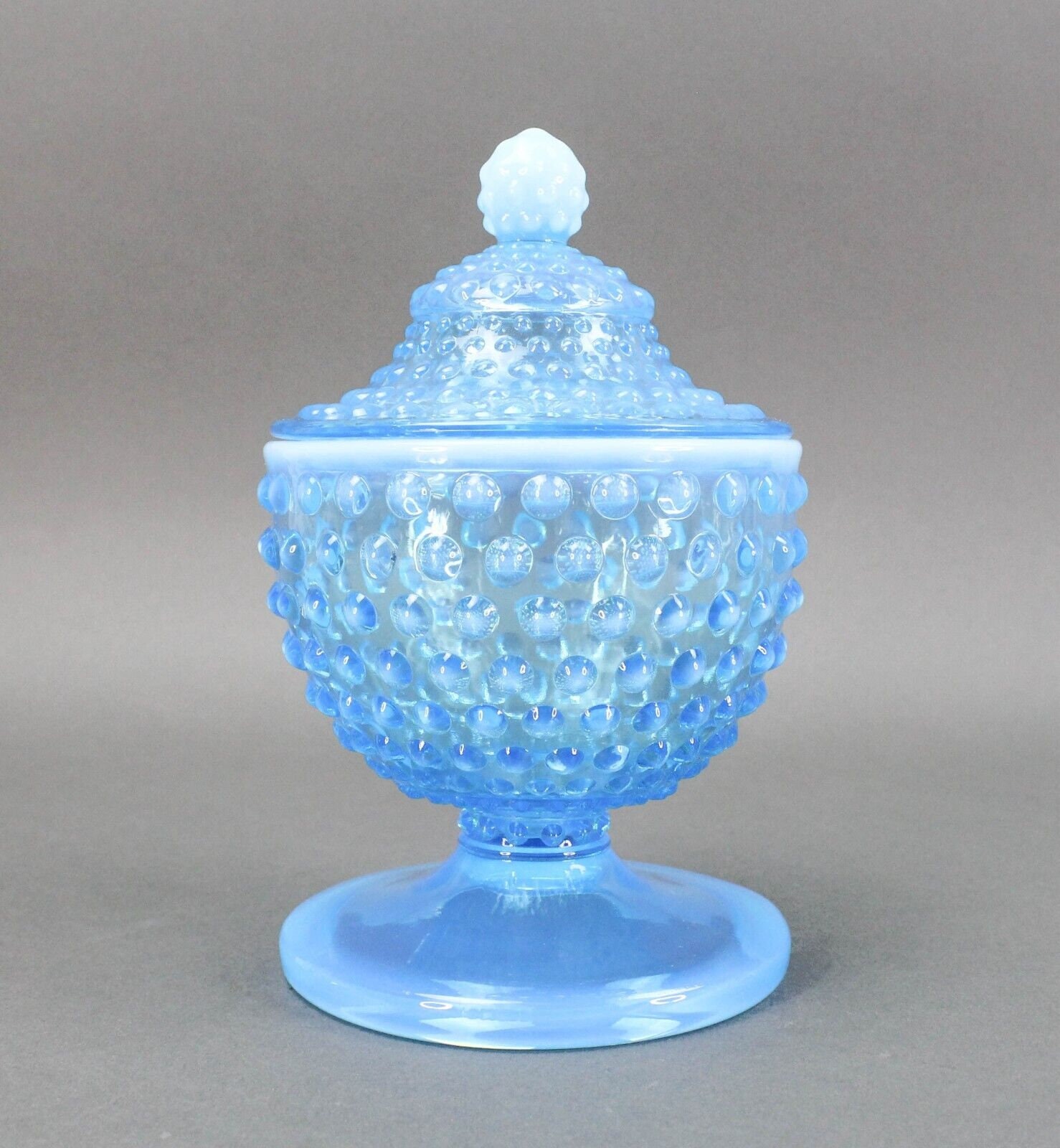 Fenton Blue Opalescent Hobnail Footed Covered Candy Dish Jar With Lid 7 ...
