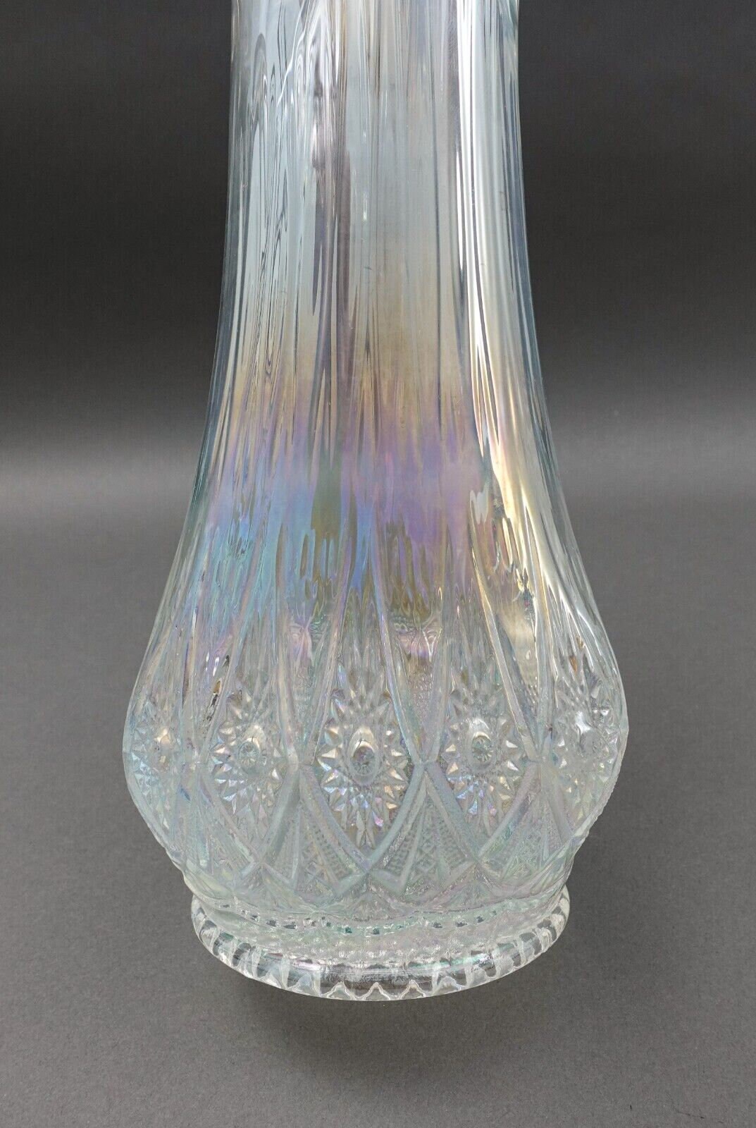 L.E. Smith Clear Iridescent Carnival Glass Swung Vase 13 1/4