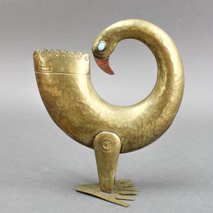 Joaquin Taller Tinta Ecuador MCM Brass Bird Metal Art Sculpture Turquoise Eyes image 1