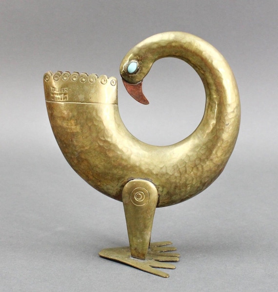 Joaquin Taller Tinta Ecuador MCM Brass Bird Metal Art Sculpture Turquoise Eyes