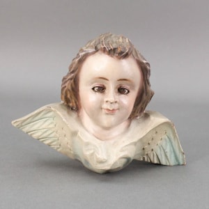 Vintage Antique Carved Wood Polychromed Angel Cherub Putti Icon Head Glass Eyes