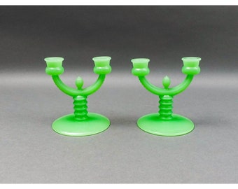 Fenton Jadeite Jadite Jade Green Glass Double Candlestick Candle Holder Pair