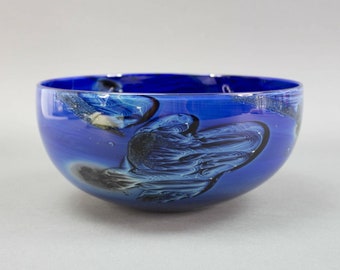 Josh Simpson 1990 Firmado Nuevo México Cobalt Blue Studio Art Glass Bowl 8 3/4"