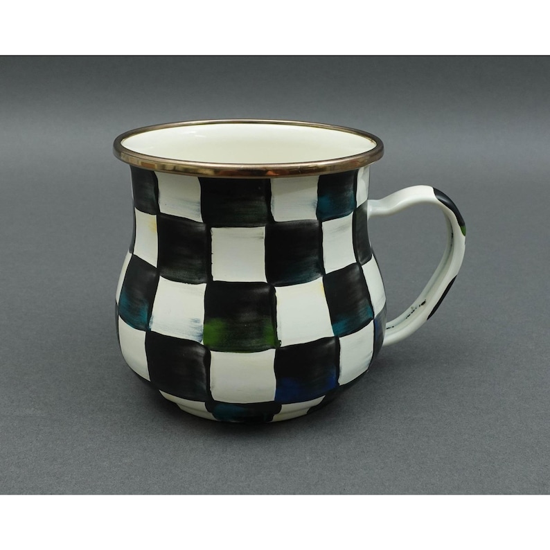 MacKenzie Childs Courtly Check Black White Enamel Mug Cup image 1