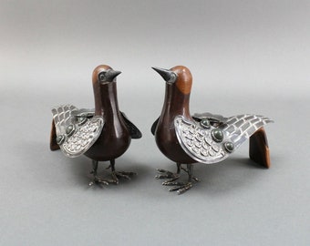 Carved Wood And Sterling Silver 925 Peru Folk Art Dove Birds Candle Holders MCM