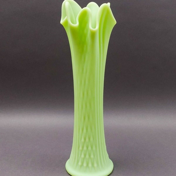 Fenton Custard Vaseline Uranium Lime Green Diamond Ribbed Swung Glass Vase