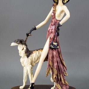 Alfredo Santini Signed Italian Elegant Lady with Borzoi Dog Sculpture Figurine