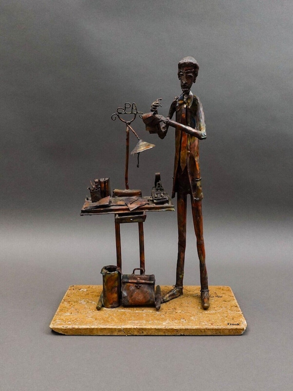 Jim Lewk Signed Brutalist CPA Copper Art Sculpture W/ Marble Base