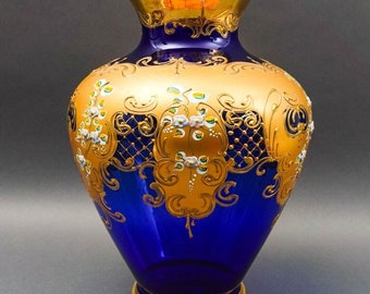 Tre Fuochi Italian Venetian Murano Glass Bohemian Cobalt Blue Gold Floral Vase