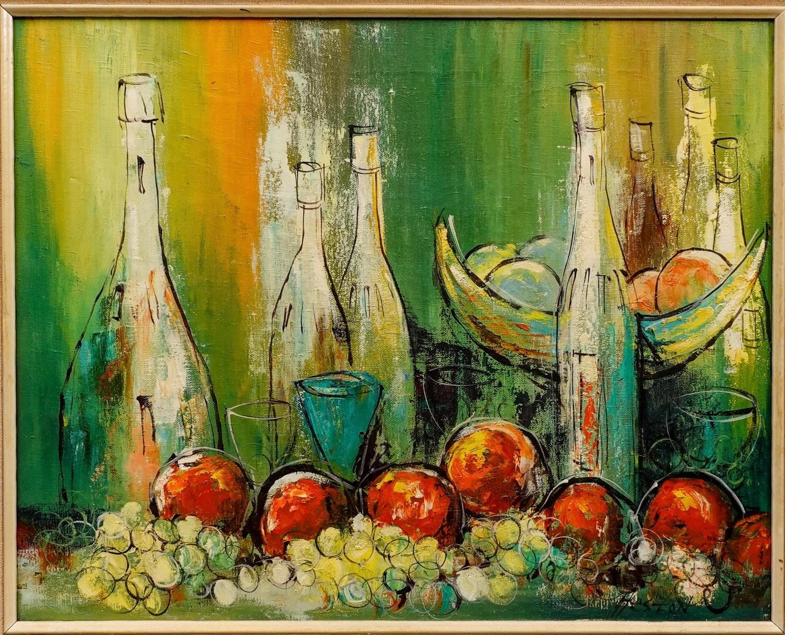 Heston Signed Vintage Mid Century Still Life Abstract Oil on