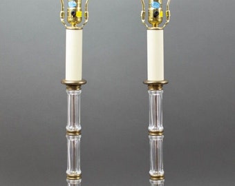 Pair Chapman 1984 Vintage Blown Glass Bamboo Column & Brass Accents Table Lamps