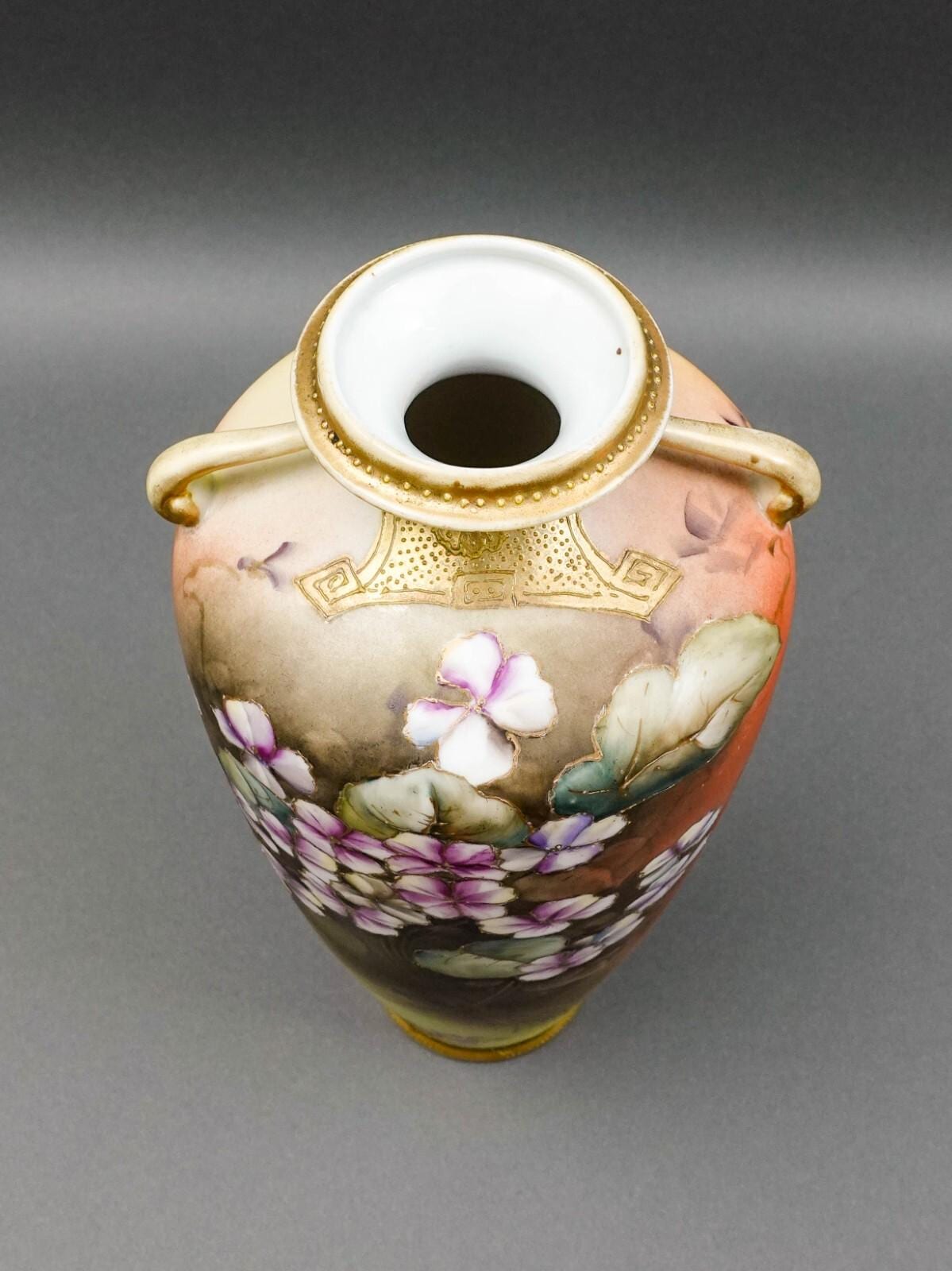 日本製アンティーク手描き花柄金彩磁器取っ手付き花瓶 - Etsy 日本