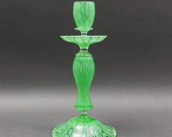 Vintage Italian Murano Green Latticino Art Glass Candlestick Candle Holder 10.5"