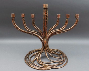 Roy R Butler Signed 1988 Brutalist Copper Judaica Hanukkah Menorah Sculpture 14"