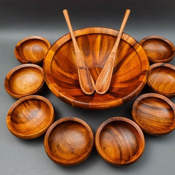 Dansk JHQ Teak Wood 16 1/4" Large Bowl With Servers & (8) 6 1/2" Small Bowls Set