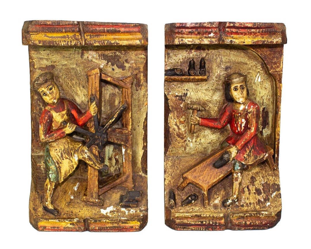 Antique European Folk Art Polychrome Carved Wood Plaque Workshop Trade ...