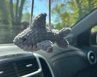 Crochet Shark Car Mirror Hanger: Gray Plushie, Handmade
