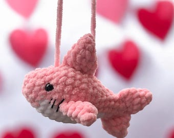 Crochet Valentine Shark Car Mirror Hanger: Pink Plushie, Handmade, Valentine’s Day