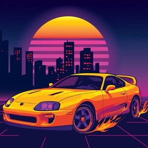 May include: A yellow sports car with a rear spoiler and dark wheels driving on a grid surface. The scene features a large orange sun and a dark purple city skyline silhouette in the background, with stylized orange flames trailing from the tires.