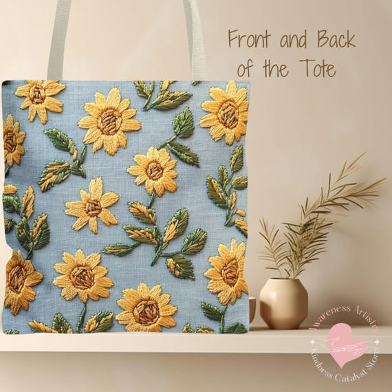 Sunflowers Tote Bag | Gift for Nature Lover | Reusable Tote | Wild Flowers Faux Embroidery Print  | Gift for friend | Aesthetic Bag