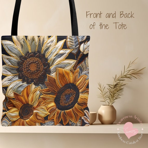 Sunflowers Tote Bag | Gift for Nature Lover | Reusable Tote | Faux Embroidery Flowers | Gift for friend | Aesthetic Bag