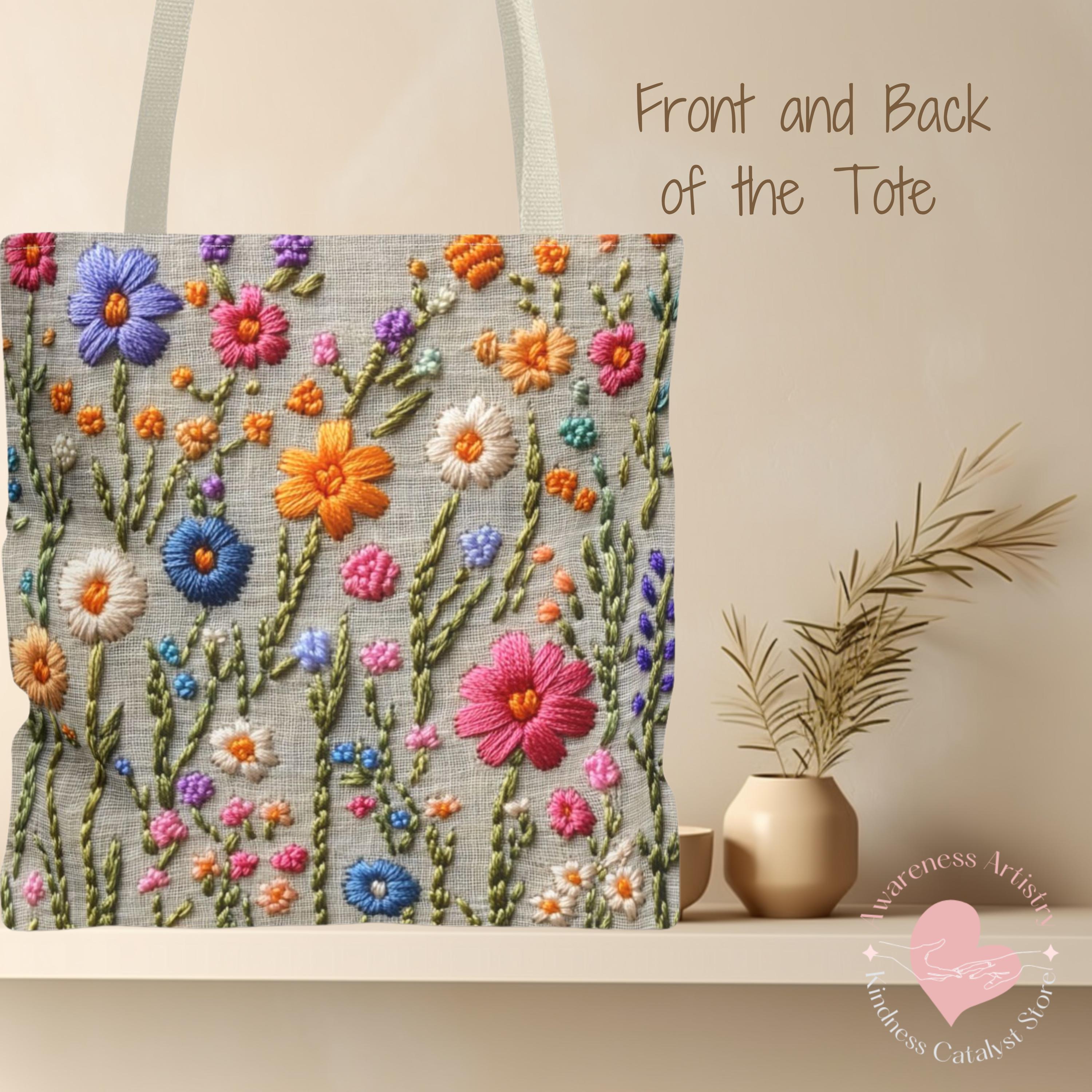 Wildflowers Tote Bag | Gift for Nature Lover | Reusable Tote | Wild Flowers Faux Embroidery Print | Gift for friend | Aesthetic Bag