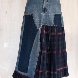 Upcycling Pleated Jeans Skirt - asymmetric silhouette, hand-sewn details, faded denim