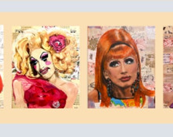 Postcards, set of 4, Bianca del Rio, Anetra, Willam, Alaska, 4 x 6 in., drag queen portrait, original art, quality print, unframed.