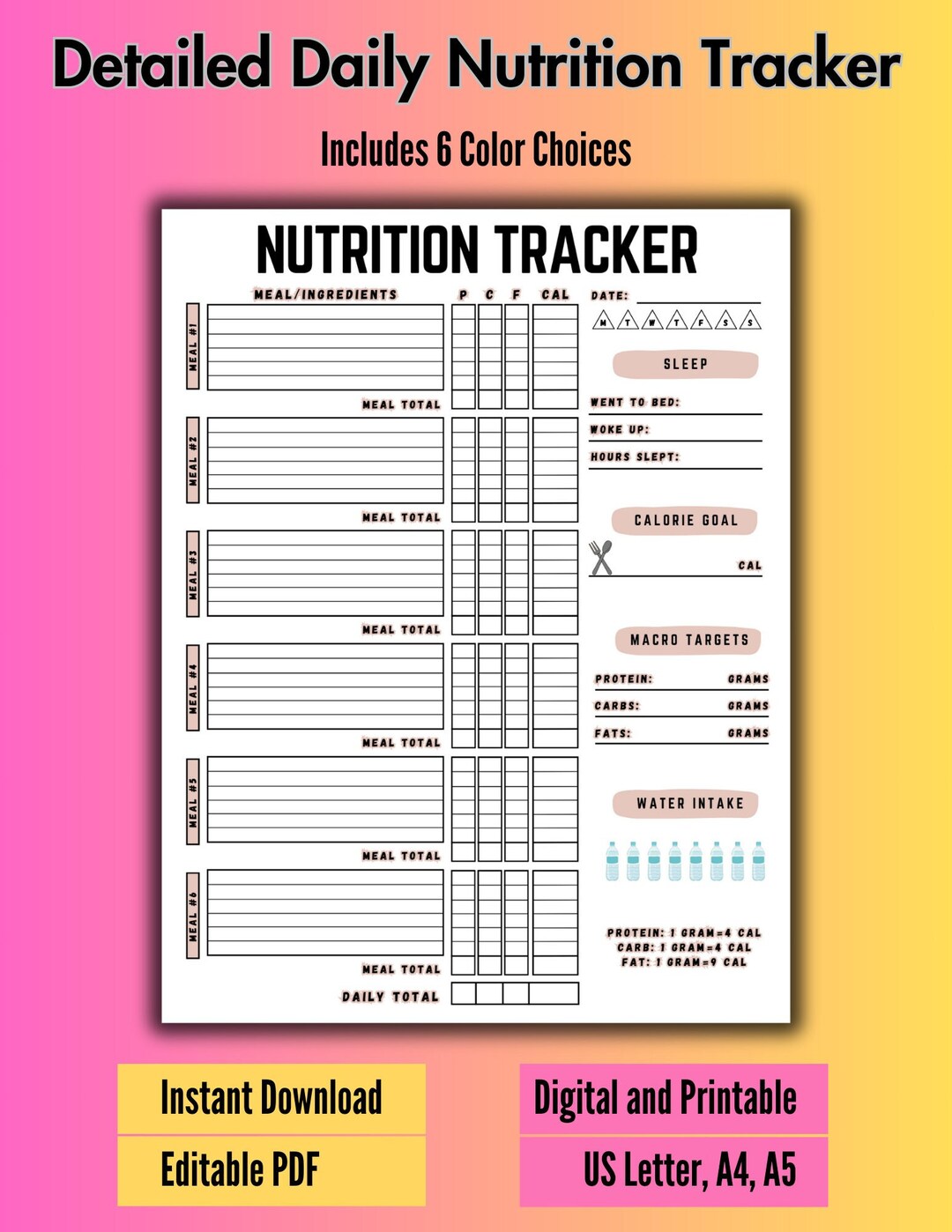 Editable Meal Planner - Digital, Printable - Meals, Calories, Macros ...