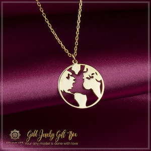 Earth Necklace, World Map Medallion Pendant, 14K Real Solid Gold Coin Globe Dainty Charm, Gold Disc WanderLust Necklace, Globetrotter Chain