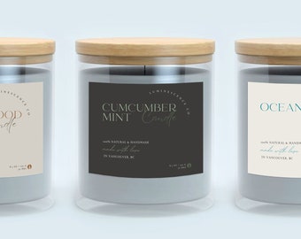 Szablon Canva na etykietę świecy i pasująca karta pielęgnacyjna, niestandardowe oznakowanie świecy, edytowalna naklejka na etykietę produktu, minimalistyczny styl projektowania