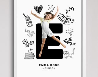 Spersonalizowany wydruk portretu dziecka, 10 grafik osobowości, spersonalizowany plakat z inicjałem, prezent z portretem, zabawna, słodka sztuka fotograficzna