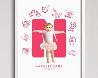 Spersonalizowany zabawny portret osobowości, 10 spersonalizowanych grafik, plakat z inicjałem, prezent dla dzieci, zabawna, słodka sztuka fotograficzna