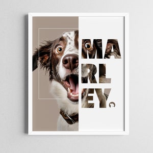 Puede incluir: Impresión enmarcada que presenta un perro con pelaje marrón y blanco, ojos muy abiertos y boca abierta. El nombre "MARLEY" está en letras blancas y en negrita. La impresión está en un marco blanco.