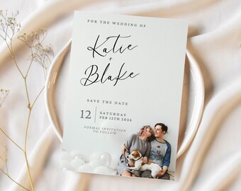 Zapisz datę szablon zaproszenia ślubnego, zdjęcie Zapisz datę zaproszenie, edytowalny szablon Canva, minimalistyczny układ, natychmiastowe pobranie