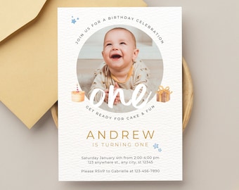 Zaproszenie na pierwsze urodziny, edytowalny szablon zaproszenia na pierwsze urodziny, szablon zaproszenia ze zdjęciem Canva, natychmiastowe pobranie