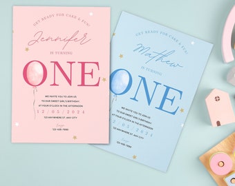 Zaproszenie na pierwsze urodziny, Zaproszenie na pierwsze urodziny dziewczynki i chłopca, Zaproszenie na roczek, Szablon edytowalny, Szablon zaproszenia Canva