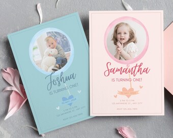 Zaproszenie na pierwsze urodziny, zaproszenie na pierwsze urodziny dziewczynki i chłopca, zaproszenie na pierwsze urodziny, różowy niebieski balon, edytowalny szablon Canva