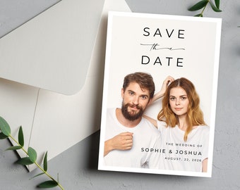 Szablon zaproszenia ślubnego „Zapisz datę”, zaproszenie ze zdjęciem „Zapisz datę”, edytowalny szablon Canva, minimalistyczny układ, natychmiastowe pobranie